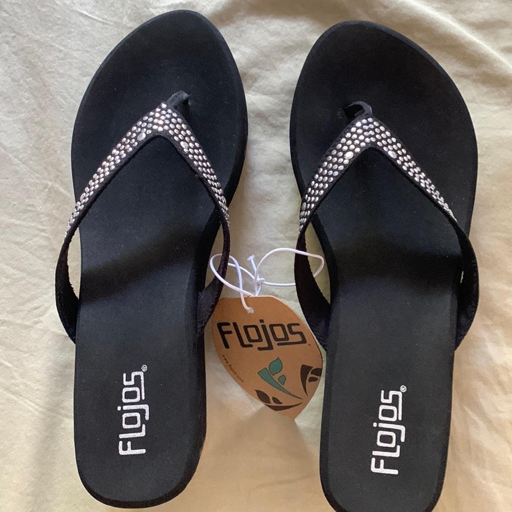 Flojos Black jeweled wedge thong sandle. Sz 10. Never worn